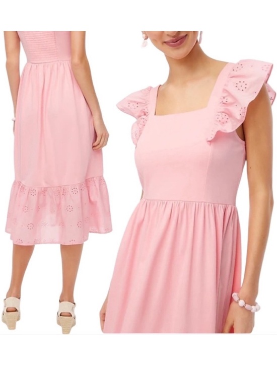 J. Crew Dresses & Skirts - J.Crew Pink Eyelet Smocked Midi Dress Ruffle Sleeve Cottagecore NWT Size Large